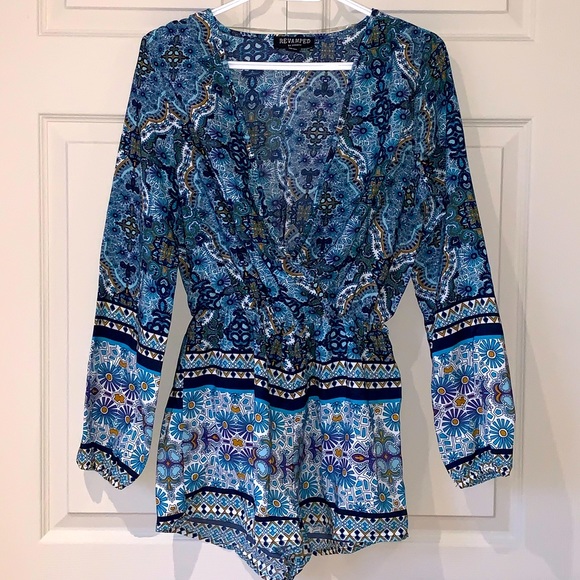 Floral Print Blue Romper - Picture 1 of 4